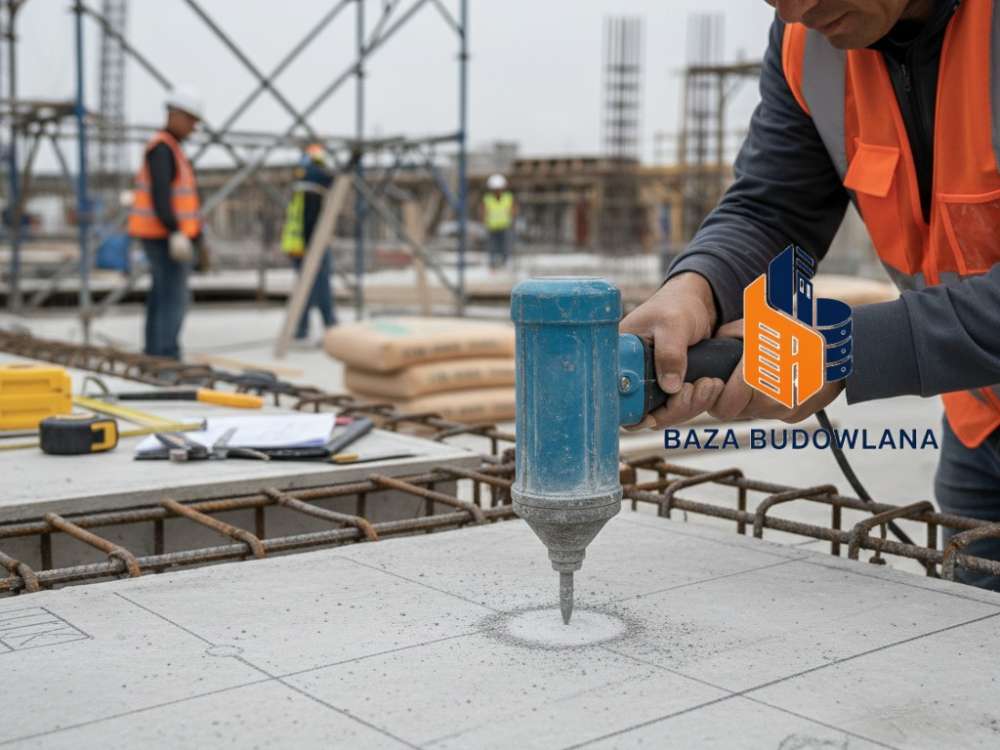 Specjalista wykonujący profesjonalne badanie sklerometryczne betonu młotkiem Schmidta na elemencie konstrukcji.
