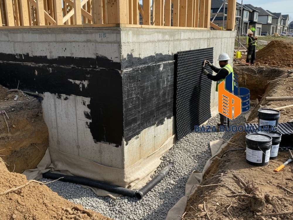 Naprawa izolacji pionowej ściany fundamentowej oraz drenaż opaskowy wokół domu.