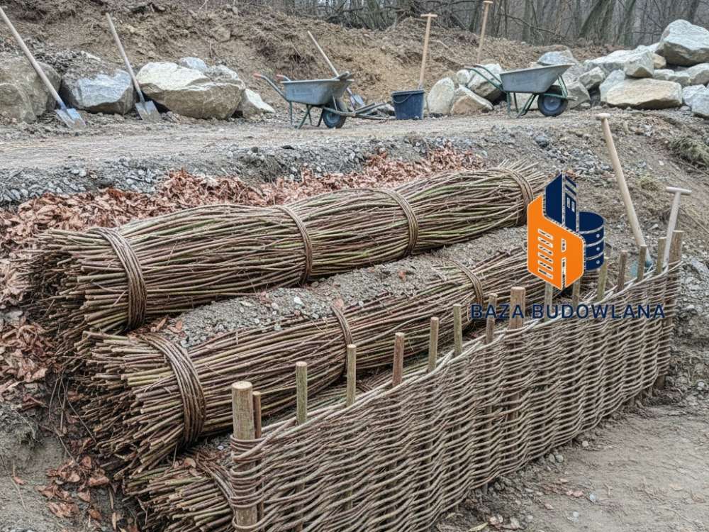 Stabilizacja zbocza z wykorzystaniem faszyny i płotków wiklinowych jako naturalnych metod bioinżynieryjnych.