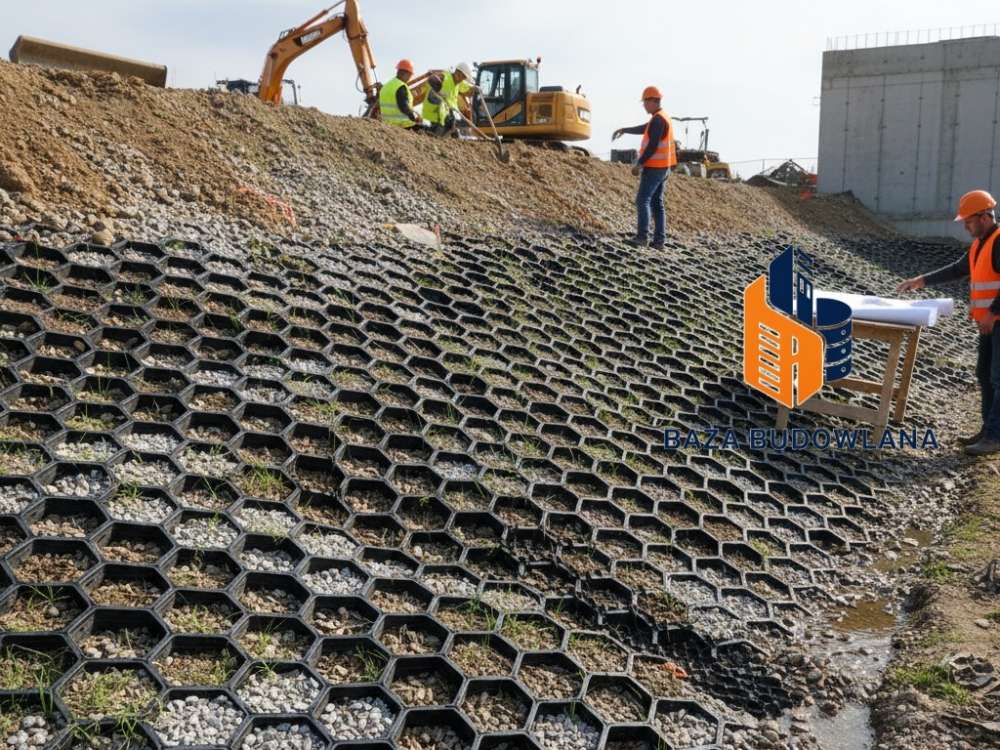 Geokrata komórkowa zamontowana na skarpie w celu stabilizacji gruntu i ochrony przed erozją powierzchniową.