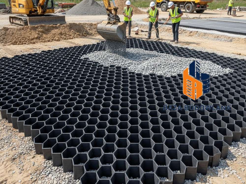 Geokrata o strukturze plastra miodu stosowana do stabilizacji gruntu i wzmacniania nawierzchni.