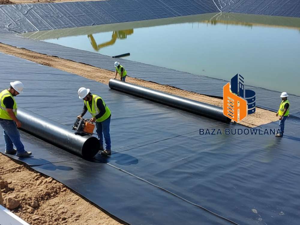 Montaż wytrzymałej geomembrany PEHD podczas hydroizolacji dużego stawu i zbiornika.