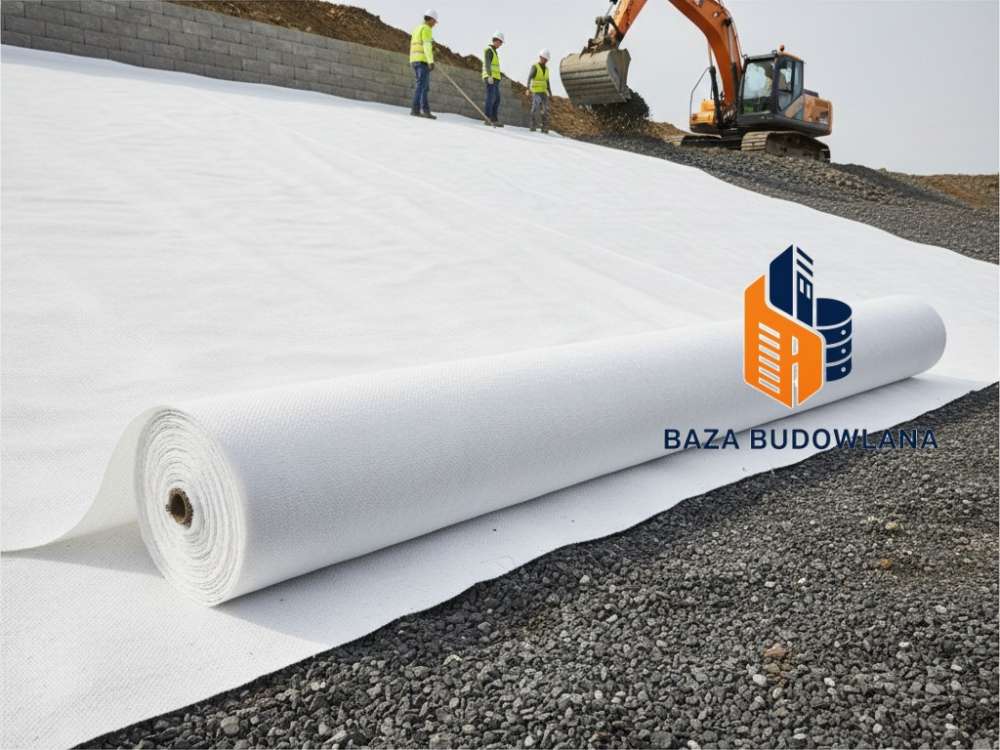 Geowłóknina separacyjna i filtracyjna stosowana do stabilizacji i wzmocnienia podłoża budowanej skarpy.