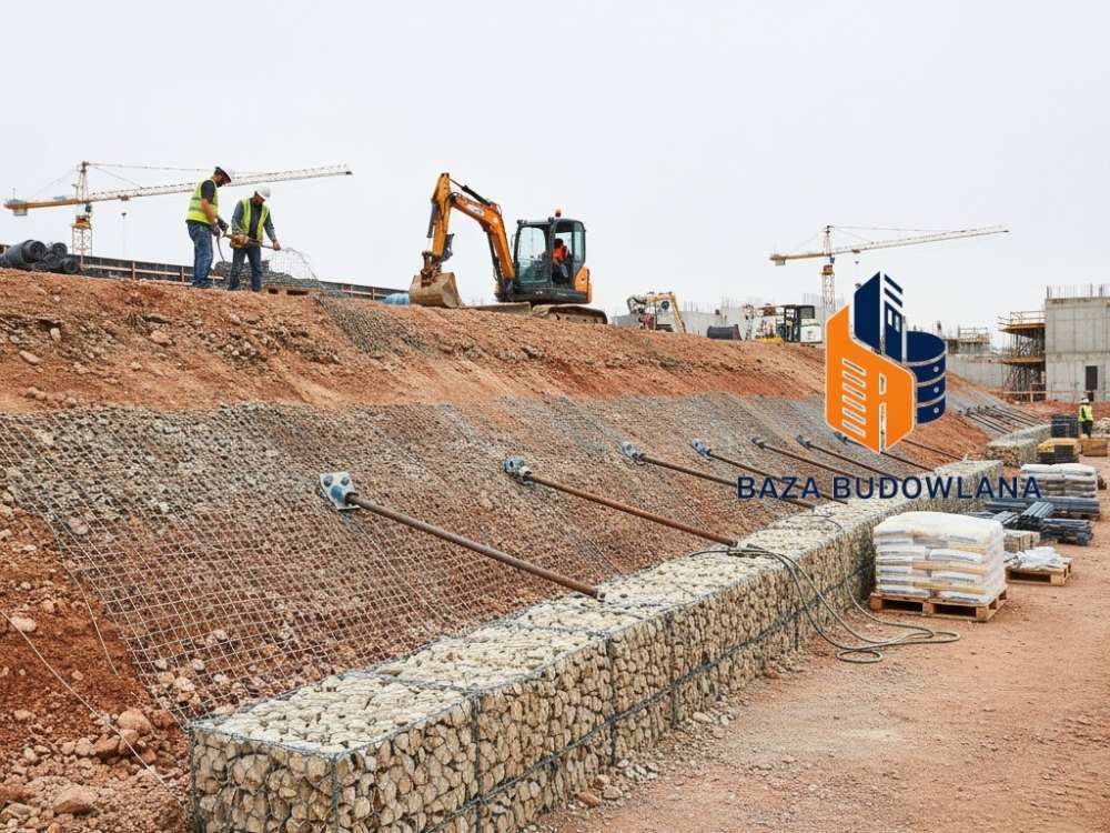 Prace budowlane przy stabilizacji skarpy i wzmacnianiu gruntu za pomocą nowoczesnych materiałów inżynieryjnych.