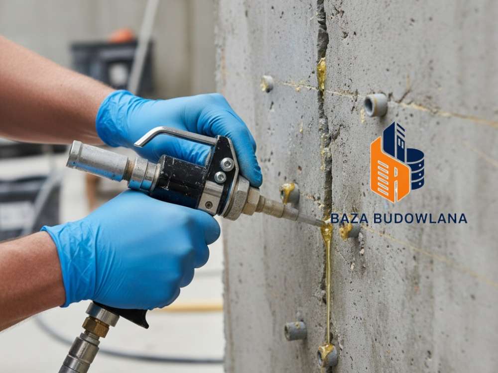 Iniekcja ciśnieniowa rys w betonie przy użyciu żywicy podczas profesjonalnej naprawy konstrukcji.