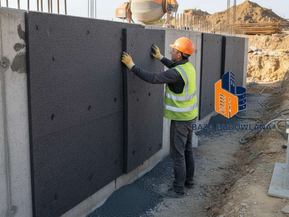 Montaż maty bentonitowej jako izolacji pionowej ścian fundamentowych chroniącej budynek przed wodą.