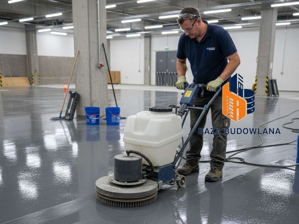 Czysta i lśniąca przemysłowa posadzka żywiczna po zabiegach konserwacji i pielęgnacji.