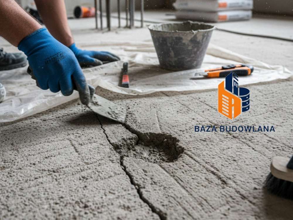 Naprawa pęknięć i ubytków w posadzce betonowej przy użyciu profesjonalnej masy naprawczej.