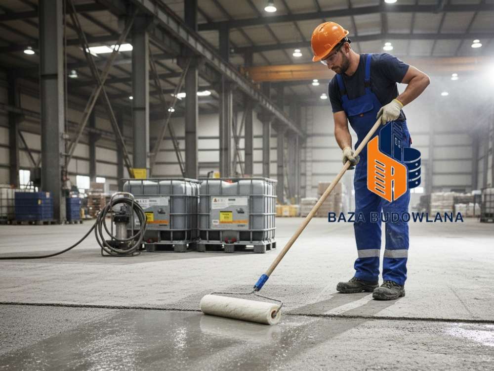 Uszczelnianie betonowej posadzki preparatem Litorin II, który skutecznie eliminuje pylenie betonu.