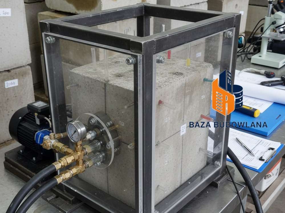 Struktura betonu wodoszczelnego odporna na penetrację wody pod wysokim ciśnieniem hydrostatycznym.