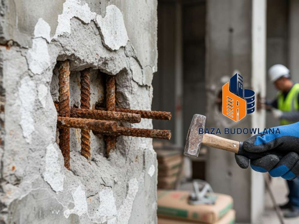 Skorodowane zbrojenie i popękany beton – objawy karbonatyzacji niszczącej konstrukcję.