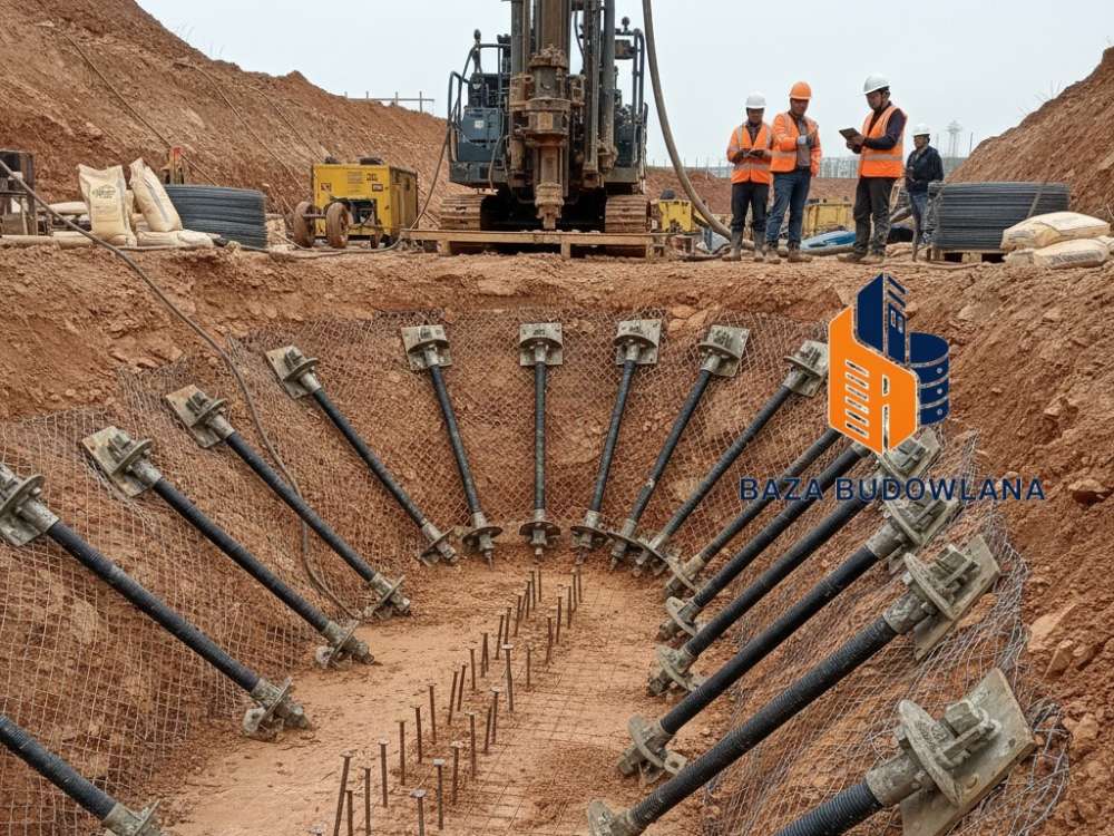 Stabilizacja osuwiska i zabezpieczenie skarpy za pomocą kotew gruntowych oraz gwoździowania gruntu.