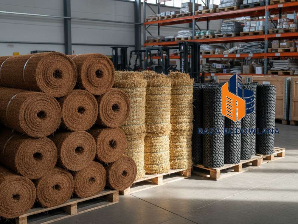 Kokosowa mata przeciwerozyjna chroniąca skarpę przed wymywaniem gleby i wspierająca jej stabilizację.