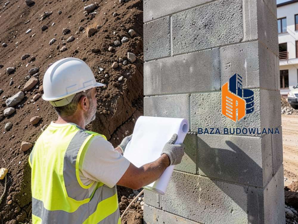 Betonowy mur oporowy i nachylona skarpa ziemna na terenie inwestycji budowlanej.