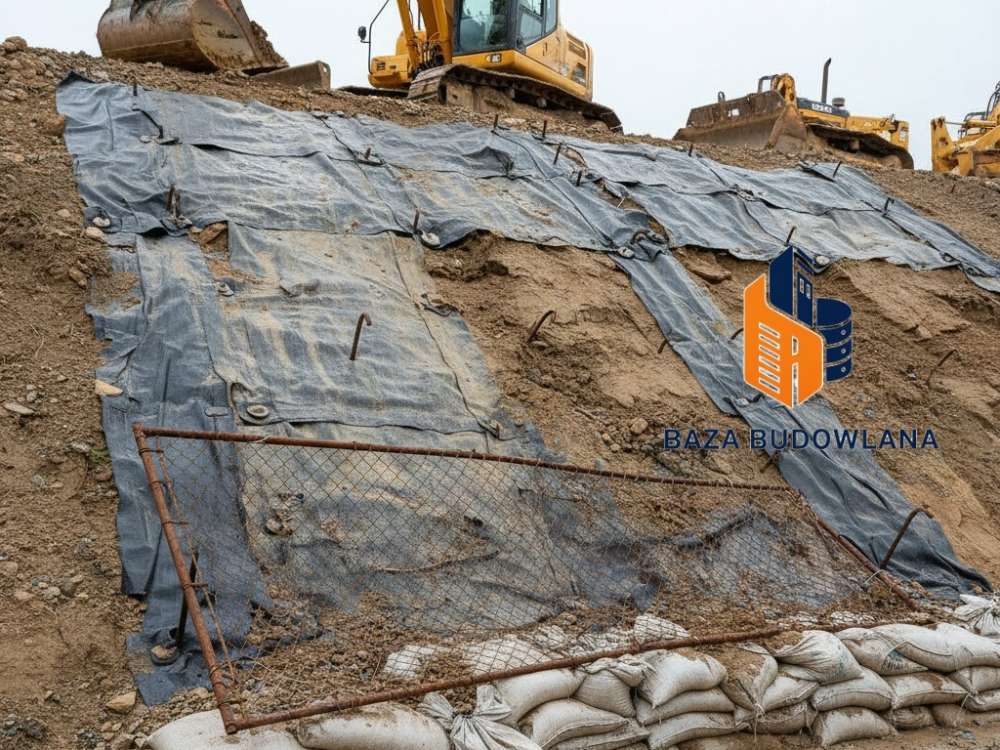 Prawidłowa stabilizacja skarpy i wzmocnienie terenu o dużym nachyleniu zapobiegające osuwaniu się ziemi.