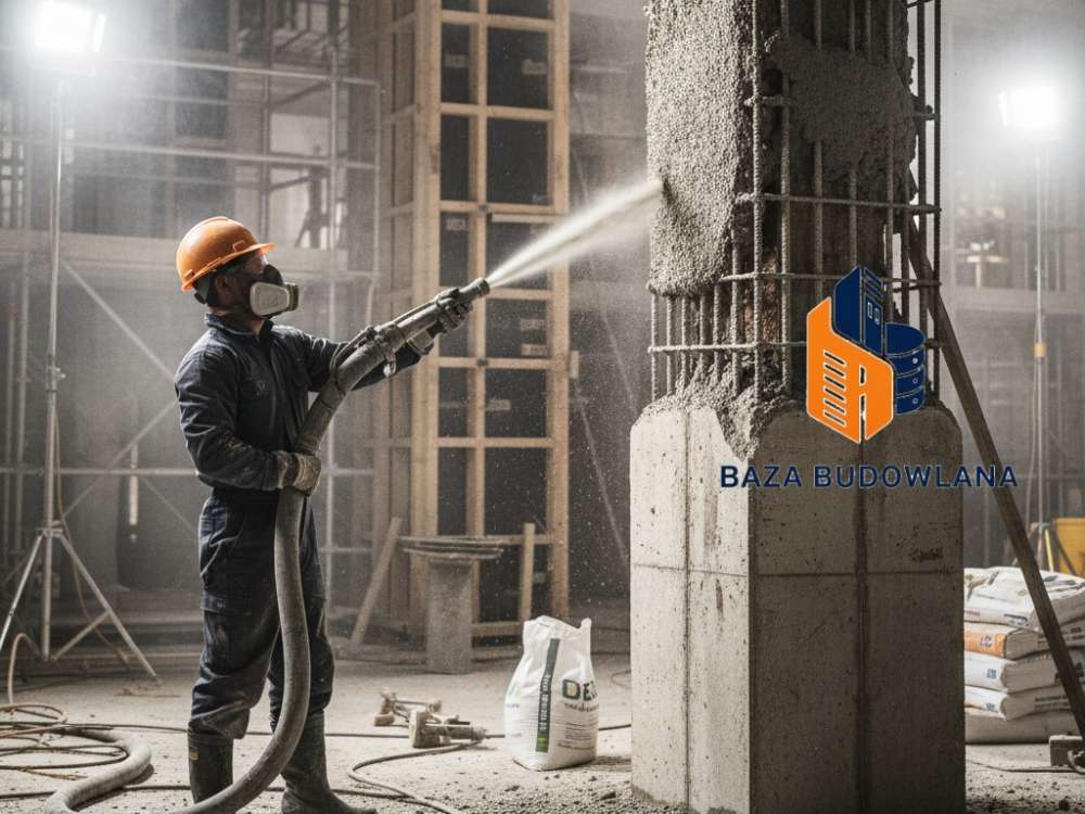 Naprawa konstrukcji żelbetowej metodą torkretowania przy użyciu betonu natryskowego.