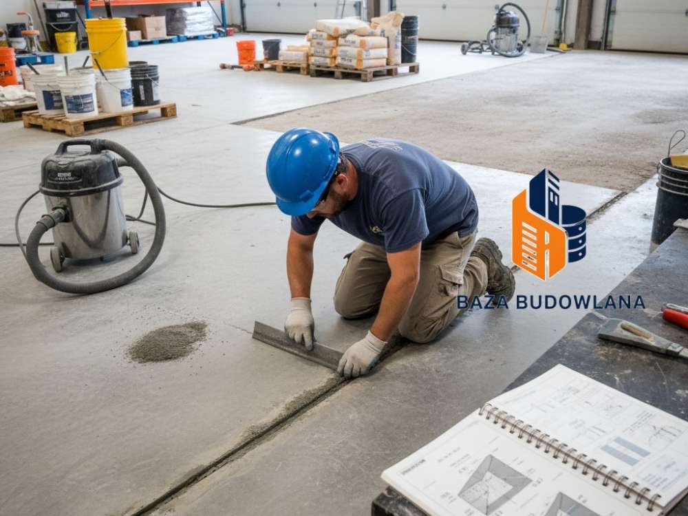 Naprawa posadzki betonowej w garażu i magazynie – wypełnianie ubytków profesjonalną masą naprawczą.