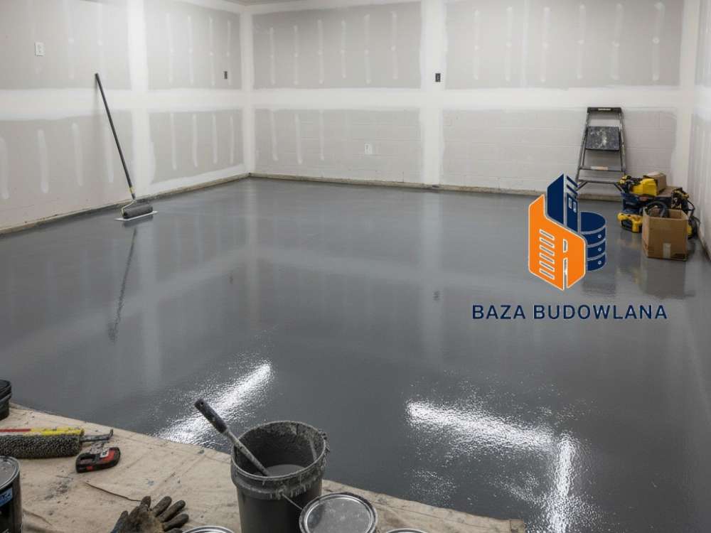 Lśniąca posadzka epoksydowa w garażu wykonana samodzielnie na betonowej wylewce.