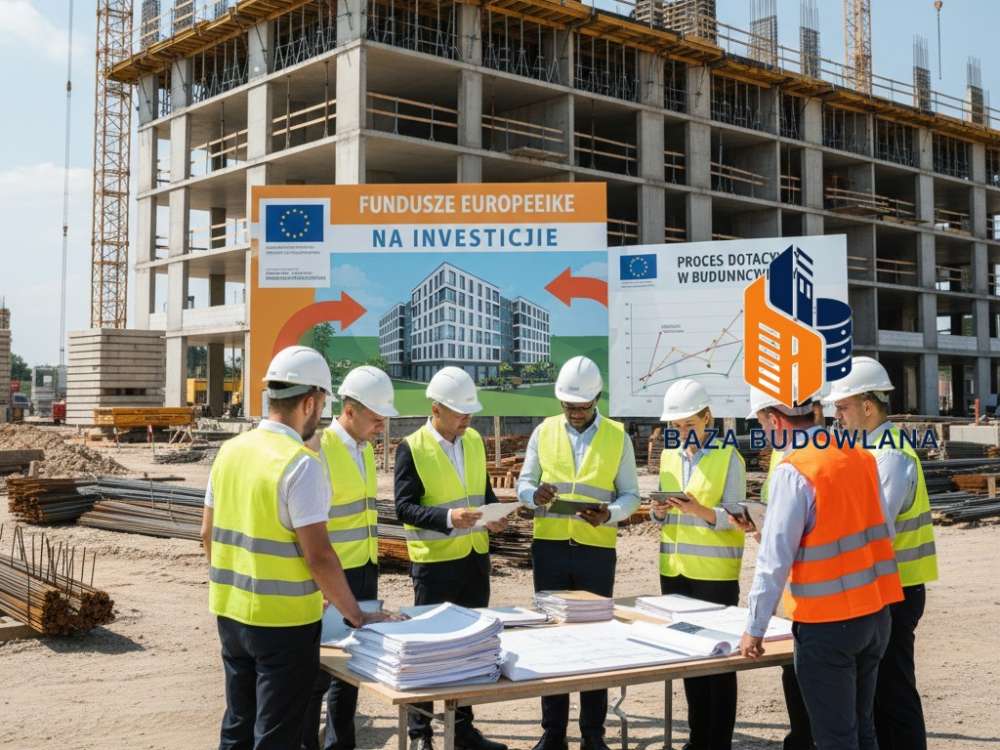Plac budowy nowoczesnego budynku realizowanego dzięki dotacjom unijnym na inwestycje budowlane.