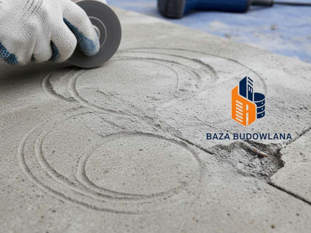 Inżynier przygotowujący gładką powierzchnię betonu do badania sklerometrycznego młotkiem Schmidta.