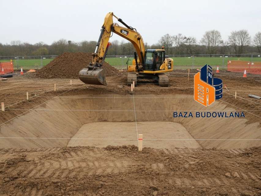 Koparka wykonująca roboty ziemne i precyzyjne formowanie niecki pod budowę stawu.