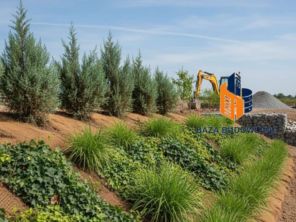 Naturalna stabilizacja skarpy za pomocą gęstych nasadzeń roślinnych zapobiegających erozji.