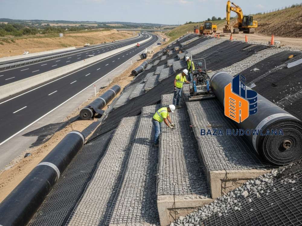 Stabilizacja i wzmocnienie skarpy przy autostradzie z wykorzystaniem nowoczesnych geosyntetyków.