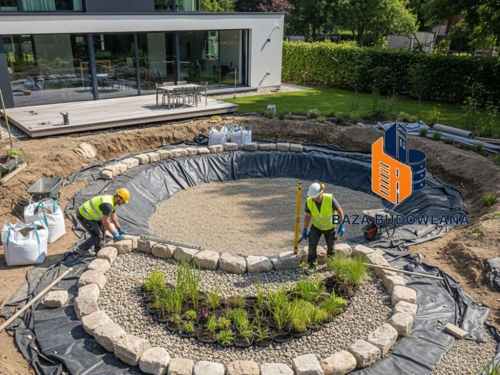 Nowoczesny staw kąpielowy w ogrodzie zaprojektowany jako naturalny basen bez chemii.