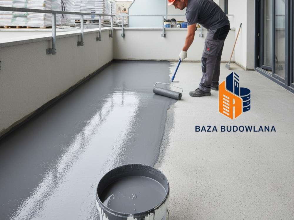 Płynna membrana poliuretanowa nanoszona na betonową posadzkę jako szczelna hydroizolacja balkonu żywicą.