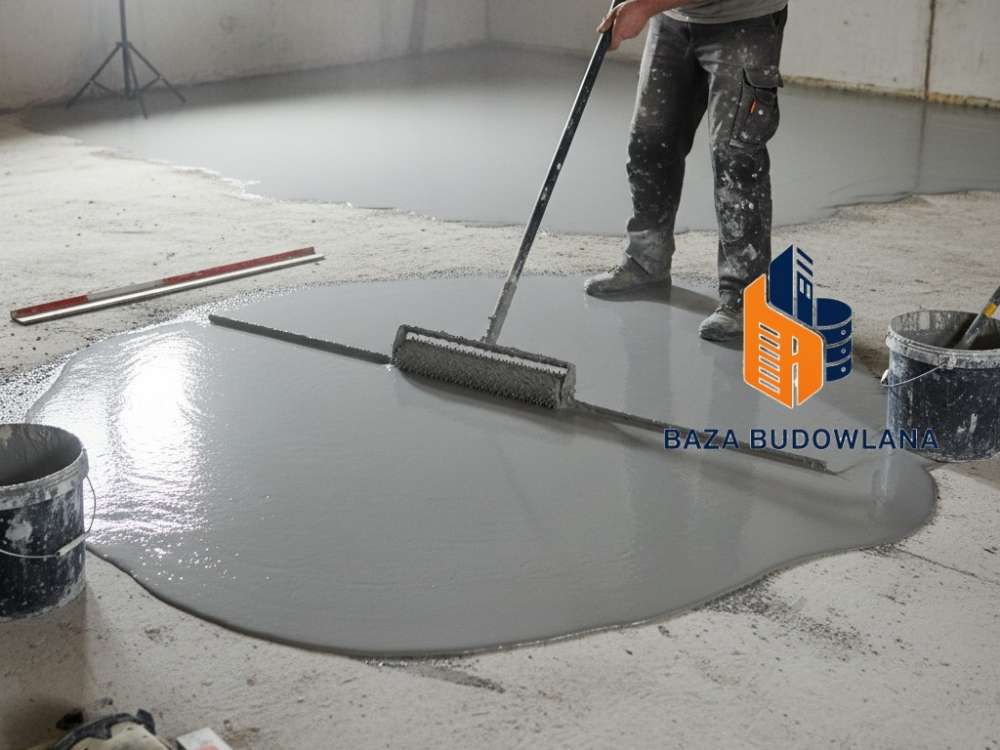 Gładka wylewka samopoziomująca rozprowadzana na betonowym podłożu w celu idealnego wyrównania powierzchni.