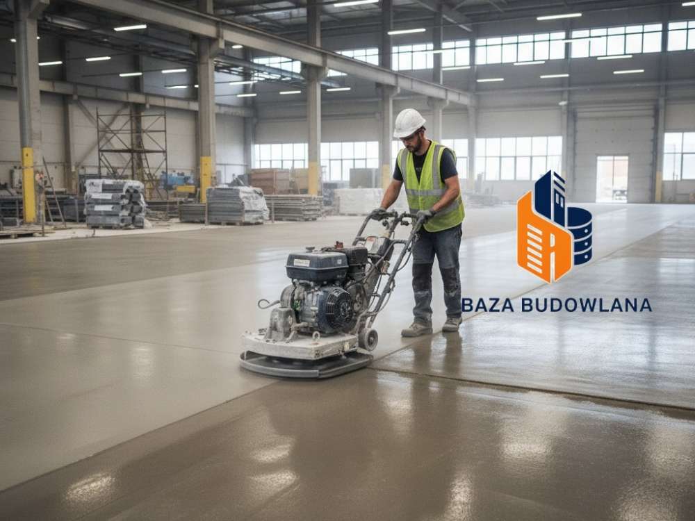 Mechaniczne zacieranie betonu na posadzce przemysłowej w celu uzyskania gładkiej i trwałej powierzchni.
