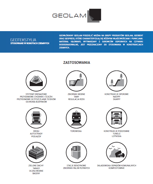 Geowloknina Geolam PET - PES - igłowana - tkana - kalandrowana
