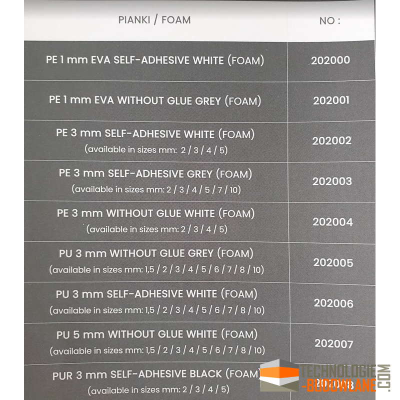 samoprzylepne pianki i maty PE PU PUR - rodzaje i parametry